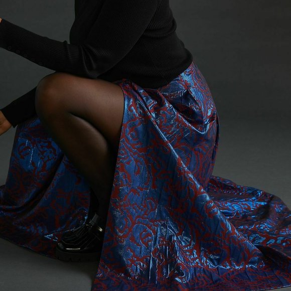 Anthropologie Maeve 4 NWT Pleated Shimmer Maxi Skirt Cocktail Metallic Blue - Picture 2 of 10